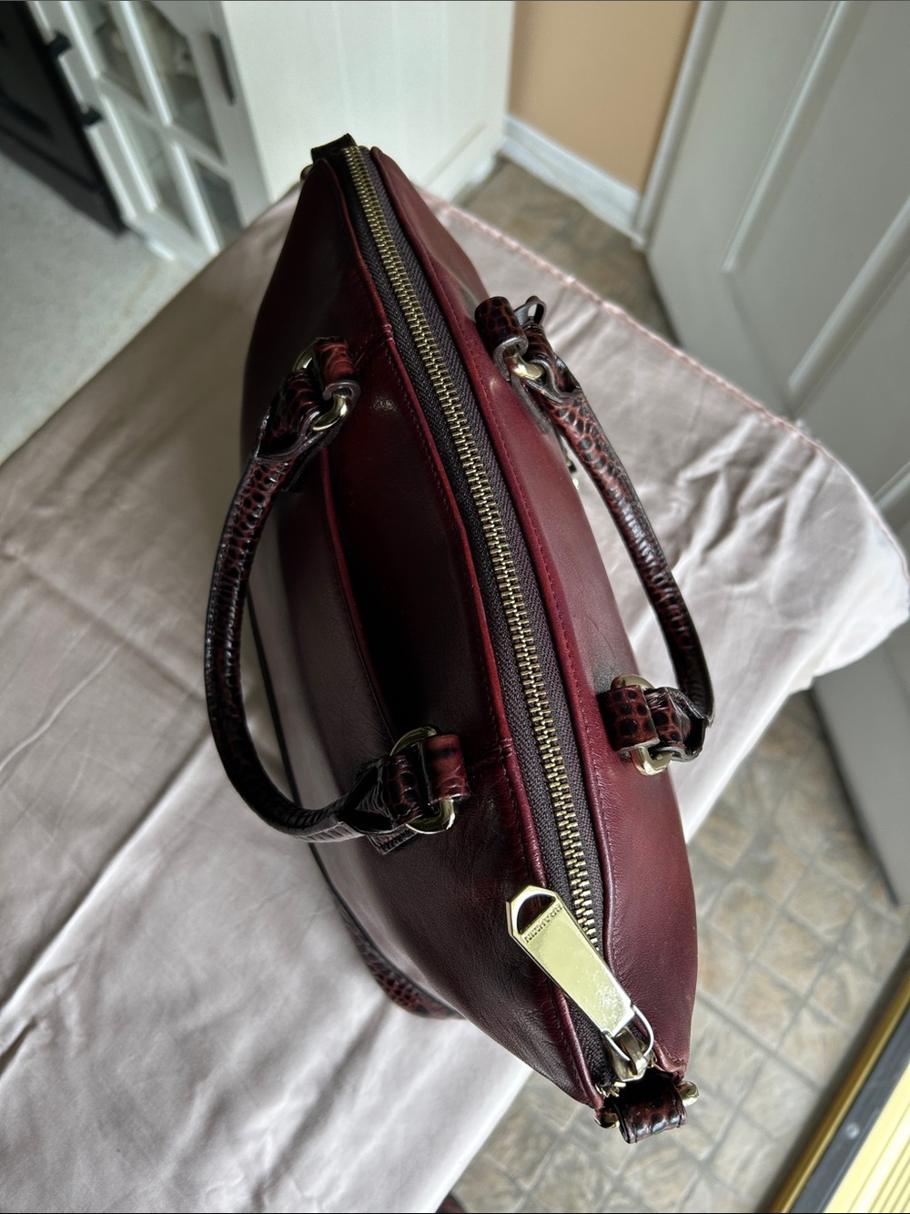 Brahmin Burgundy Leather Satchel with Croc-Embossed Trim - Picture 14 of 16